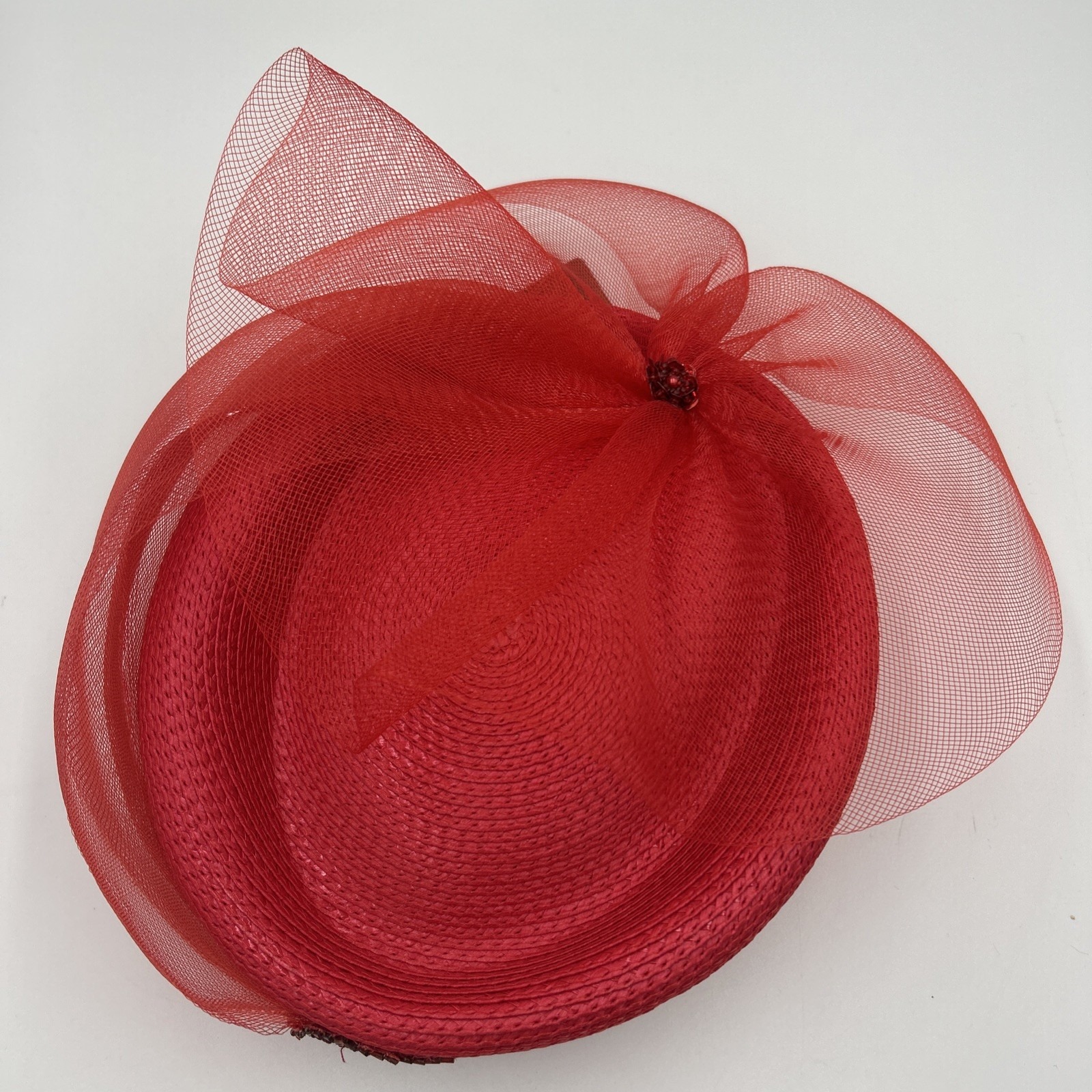 Vibrant Red Fascinator Hat Derby Tulle Bow Bead Church Formal Wedding Tea Party — image 2 of 8